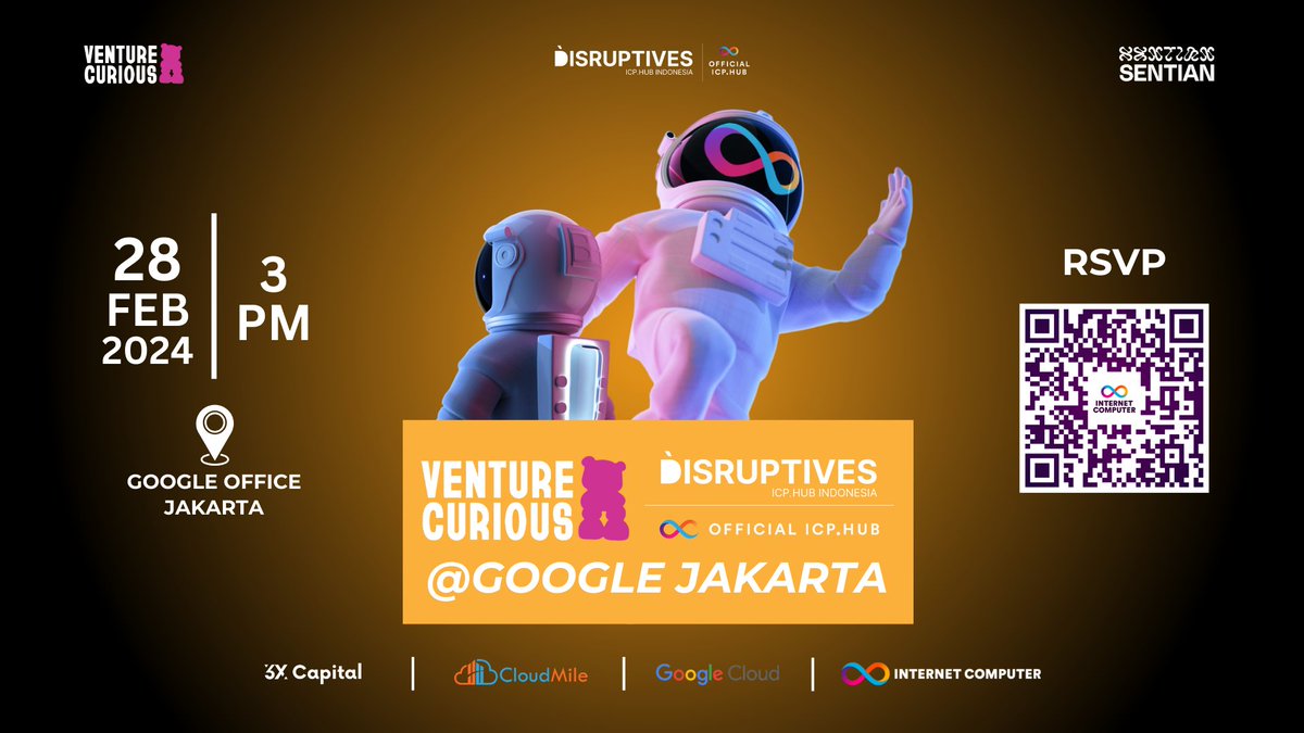 icphub_ID's tweet photo. What is a better way of #building the future than to surround yourself with like-minded people, oriented towards a #DecentralizedFuture just as @Dfinity and the #InternetComputer?🤔

Join us as we embark on an afternoon of #networking and discovery together with Sentian, Cloud Mile, @capital_3x, and @googlecloud🧡

📅 Wednesday, 28th of February 2024
⌚️ 15.00-18.00 GMT+7
📌 Google Jakarta

Register now and let’s talk about #ICP and the #Future🚀

https://t.co/eYTOBe3MAX

See you in Jakarta👋