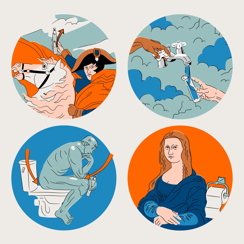 Throwback Thursday to these amazing 'how to use' illustrations we did years ago for a portable bidet company. We blended iconic works of art to tastefully and delightfully illustrate how to use the product: Slide open, fill with water, do your business, then pat dry.