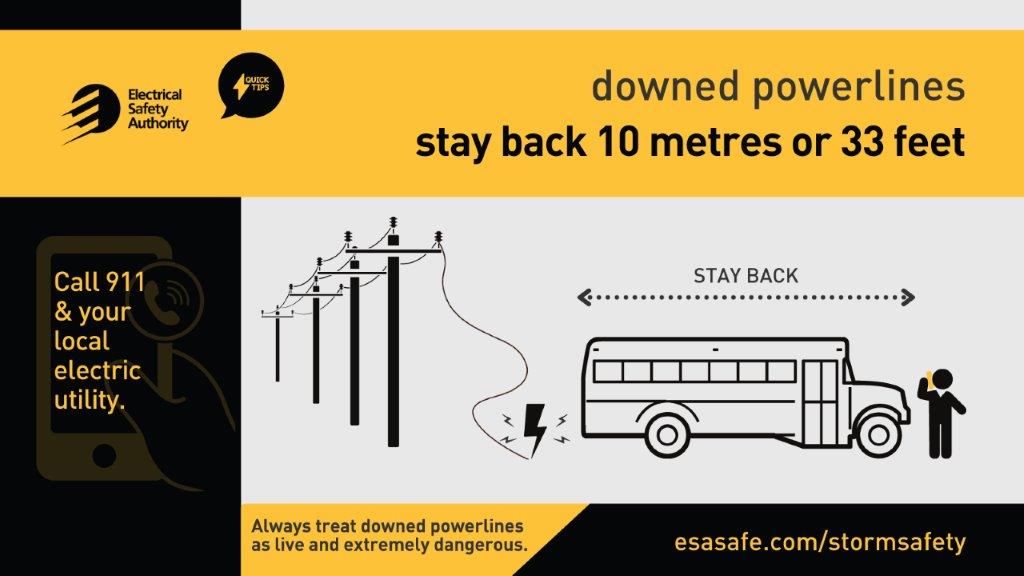 GrandBridgeNRG's tweet image. Do you know what the safe distance is from a downed wire? 10 metres (33 feet) or the length of a school bus. If you see one, stay back and call 911 and your local utility. #RespectThePower. More powerline tips here: bit.ly/318874J