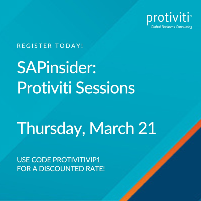 Join us at SAPinsider using discount code 'ProtivitiVIP1' and register for a Protiviti Session on Thursday, March 21, 2024. Explore our sessions now! bit.ly/3I0k3K5