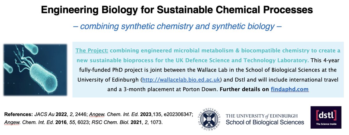 Only 1 week remaining to apply for this PhD project @Wallace_Lab @SBSatEd. We've never been able to offer a project quite like this one before - it'll involve microbes 🧫, some chemistry 🧪, scale-up 🏭, international travel✈️ and brilliant industrial collaborators. Check it out!