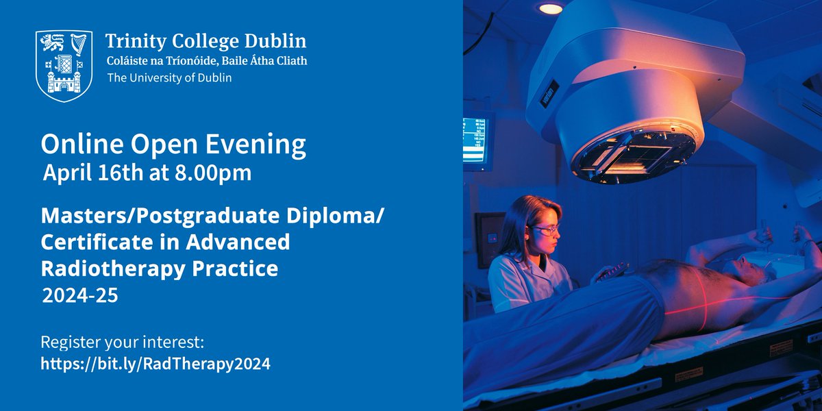 Learn more about Trinity College Dublin's postgraduate courses in Advanced Radiotherapy Practice with a free information webinar. Join us on April 16th at 8.00pm GMT+1. bit.ly/RadTherapy2024