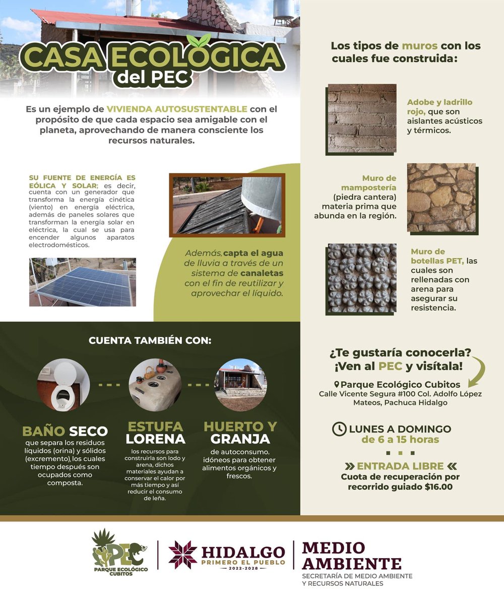 medioambiente_H's tweet photo. Conoce más 👀 🔍 sobre las características de la 🏠Casa Ecológica del #PEC, Parque Ecológico Cubitos, una  vivienda pensada para ser ♻️sostenible con el entorno, gracias al uso de materiales 🪨 no agresivos con el #MedioAmbiente 🌱. https://t.co/2uqvokzkna