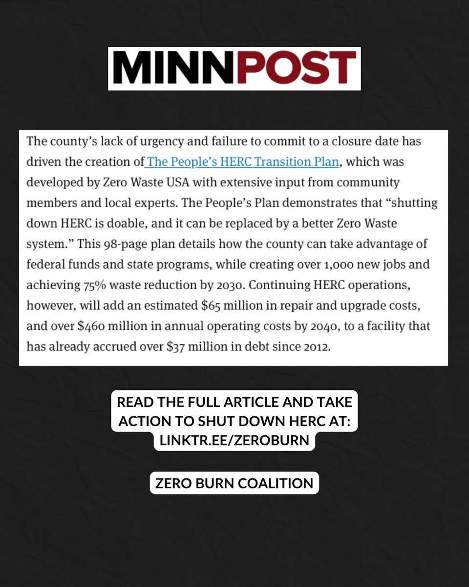 Have you seen the recent Community Voices piece in MinnPost about HERC? Big thanks to Joshua Anderson for the meticulous research and digging in to The People's HERC Transition Plan for this! Read the full piece and take action to shut down HERC at linktr.ee/zeroburn