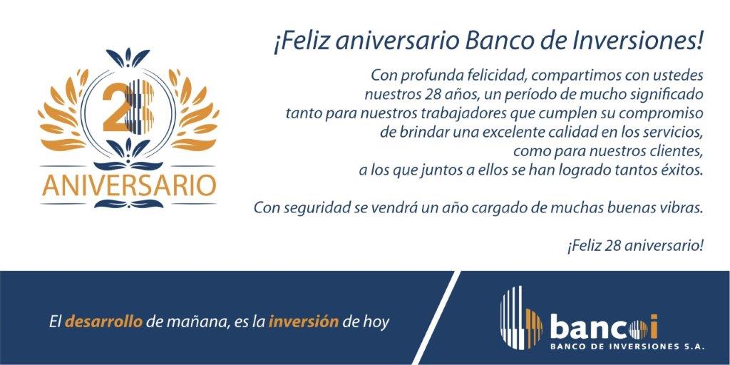 #FelizAniversario #Bancoi
Feliz Aniversario al Banco de Inversiones S.A.