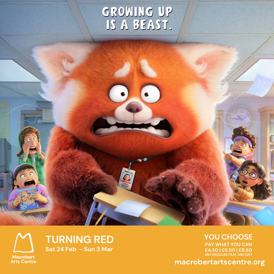 Macrobert's tweet photo. Are you ready to turn into a giant red panda?
Mei Lee is a confident, dorky 13 year old who whenever she gets too excited (which for a teenager is practically ALWAYS), she "poofs" into a giant red panda!
🗓️Sat 24 Feb- Sun 3 Mar
🔗https://t.co/jK6OBb5yiL
#turningred #macrobert https://t.co/6D61QRYJm5