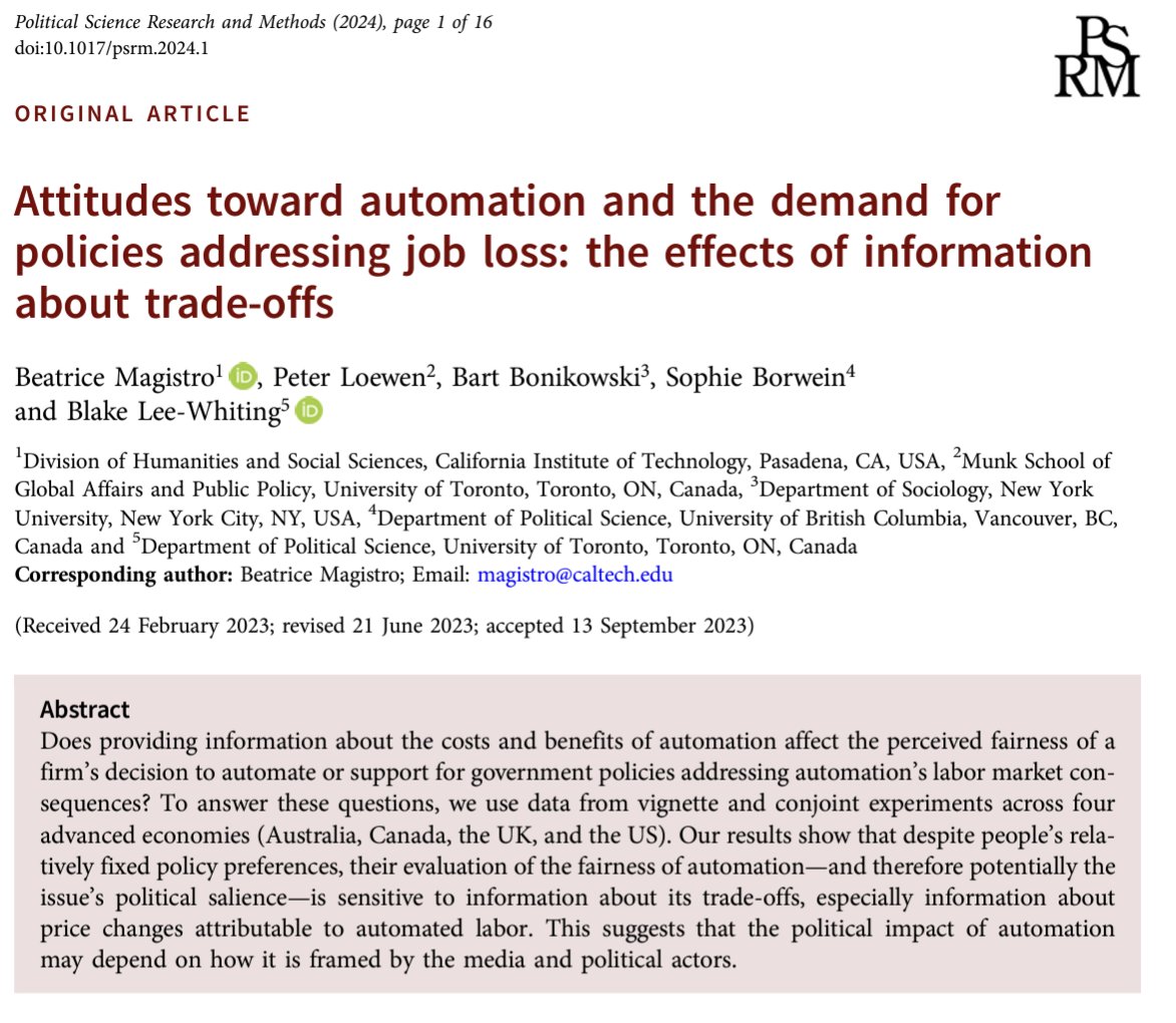 🧵1/ Excited to share my latest paper out at @PSRMJournal 'Attitudes toward automation and the demand for policies addressing job loss: the effects of information about trade-offs' w/ @PeejLoewen, @bartbonikowski, @SBorwein, and @blakelw. Open access here: bit.ly/49gEWg3