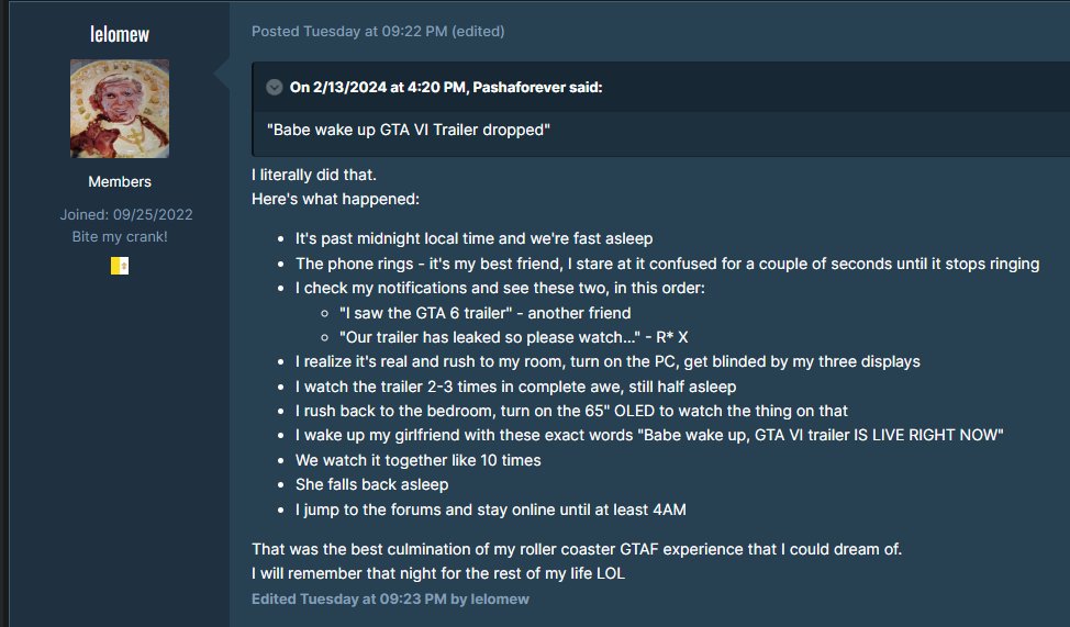 GTAForums's tweet image. Meanwhile on our forums, a real-life incarnation of the "babe, wake up" meme.
Who needs romantic films when you have a #GTAVI trailer to watch?
Source: gtaforums.com/topic/994191-g…