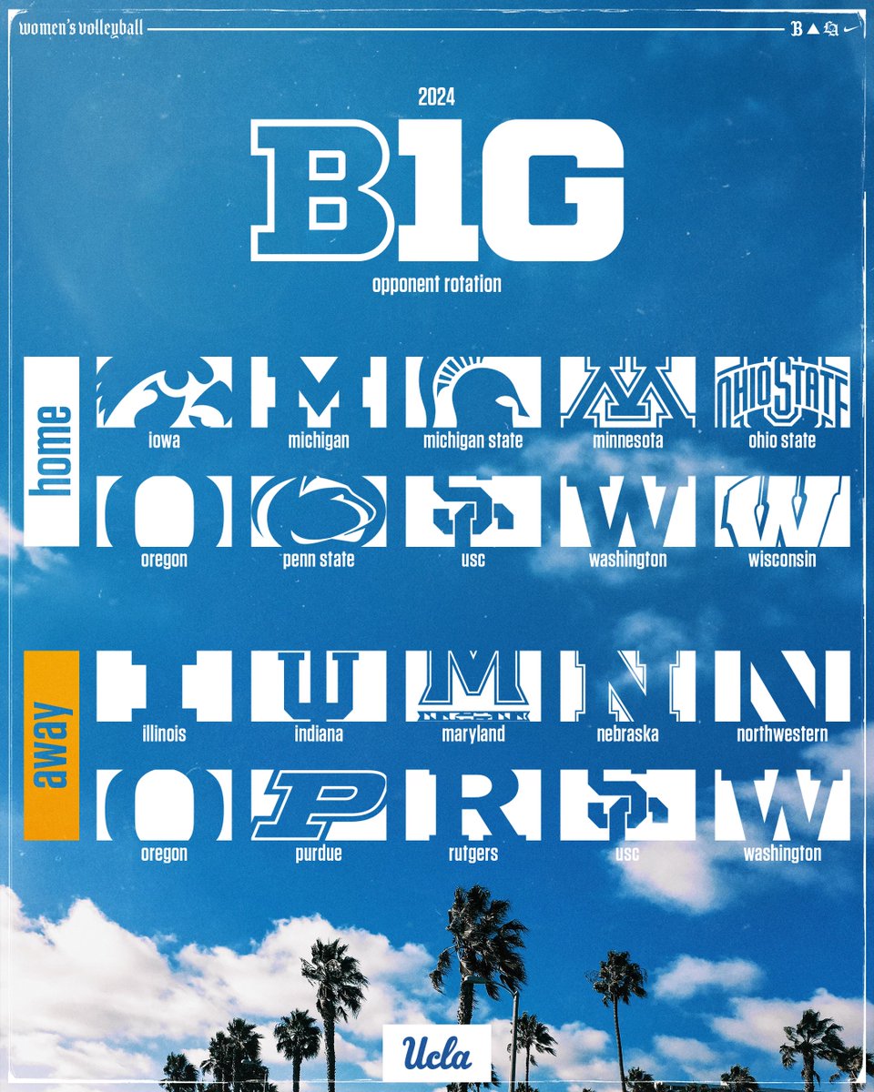 First look at the home and away sites for our 2024 <a href="/B1GVolleyball/">Big Ten Volleyball</a> opponents 👀

ℹ️: ucla.in/49hb9UH

#GoBruins | <a href="/B1GTen/">B1G Ten</a>