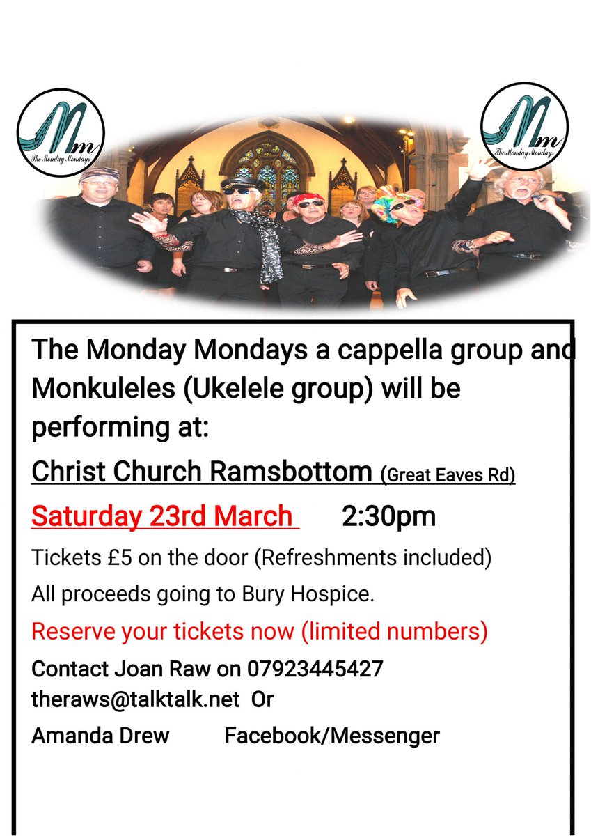 BuryHospice's tweet image. The amazing Monday Mondays and Monkuleles are performing next month (23rd March) at Christ Church in Ramsbottom.

Tickets cost £5, with all proceeds going to Bury Hospice.

Contact Joan Raw on 07923 445 427 or Amanda Drew via Facebook/ Messenger to reserve your tickets!