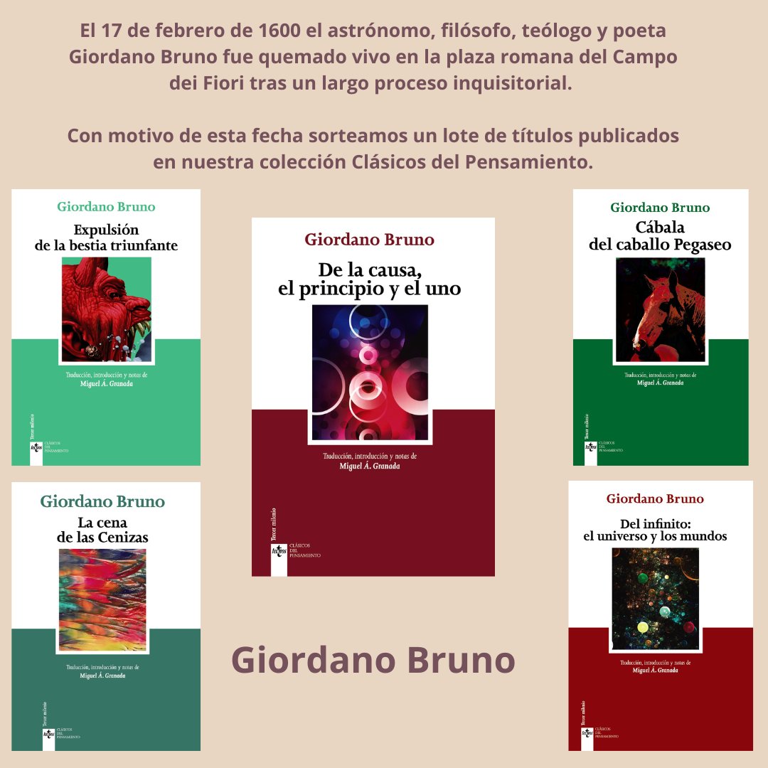 EditorialTecnos's tweet image. ¡ATENCIÓN #SORTEO LOTE GIORDANO BRUNO! Con motivo del aniversario de la muerte de #GiordanoBruno, quemado vivo en el Campo dei Fiori en 1600 sorteamos un lote de libros:
➡️ Seguir a @EditorialTecnos
➡️ Mencionar otra cuenta
➡️ Haz Retweet
🗓️ Promoción válida hasta el [20-02-24]