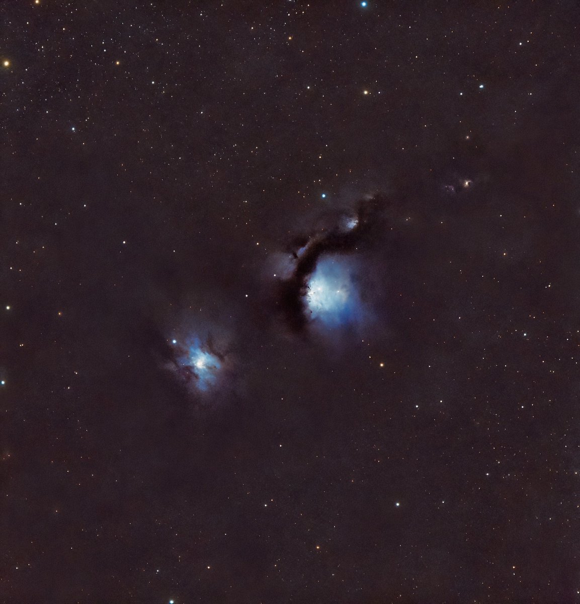 Messier 78, aka Casper the Friendly Ghost Nebula. Just 2h during a short weather window.
====
ZWO533MC-Pro,  SW EVOSTAR-80ED, ZWO120MM for guiding, ZWO AutoFocuser, ASIairPlus, HEQ5Pro mount (Belt Mod), l-Pro filter, 2h of data (3 min subs), Bortle 6, city.