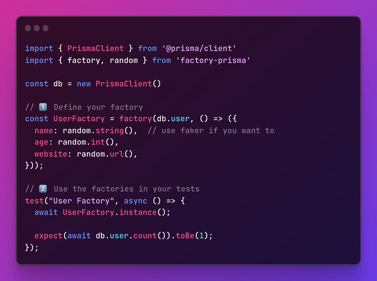 prisma's tweet photo. 🪩 Highlight of the week: factory-prisma

factory-prisma is a package used to define factories for your Prisma models which you can then use in your tests.

Check out the project and give it a 🌟 while you’re at it!
https://t.co/zZpdz0P8GE https://t.co/3uh4mseVfm