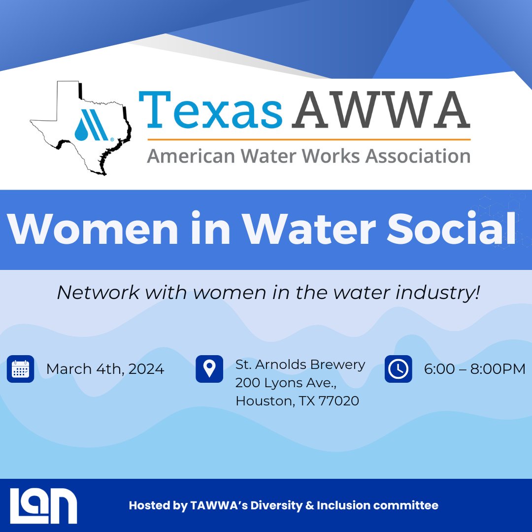 Join us at the next Women in Water social, hosted by the TAWWA Diversity and Inclusion committee! Enjoy an evening of networking and hear from special guest, Connie Curtis, PE, the Director of Technical and Operational Services for SJRA. Sign up here: pulse.ly/sab6ajatne