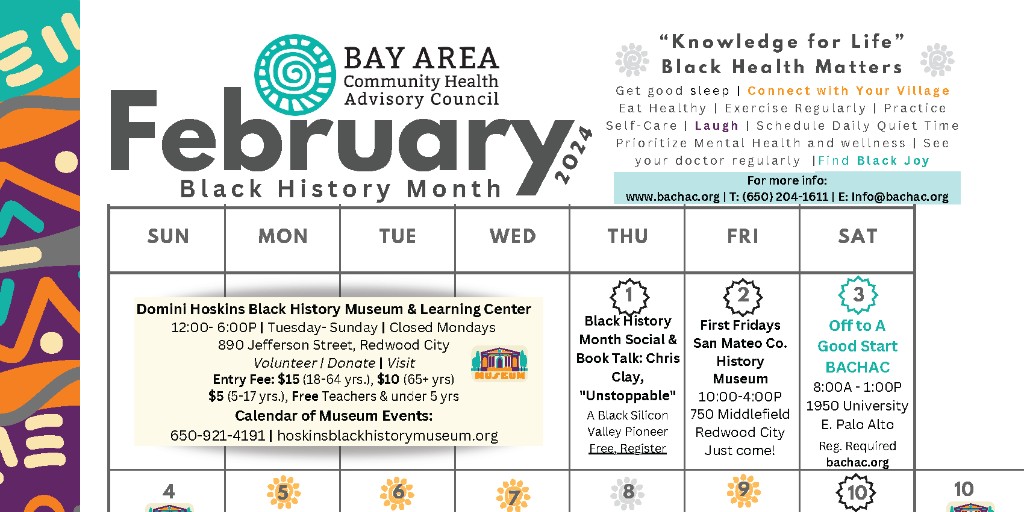 Want to find out about Black History Month events happening in the San Mateo County area? Download our Black History Month Calendar TODAY! Visit: bachac.org Get involved, Get Educated, Get Going! #BlackHistoryMonth #BHM #BlackHistoryEvents