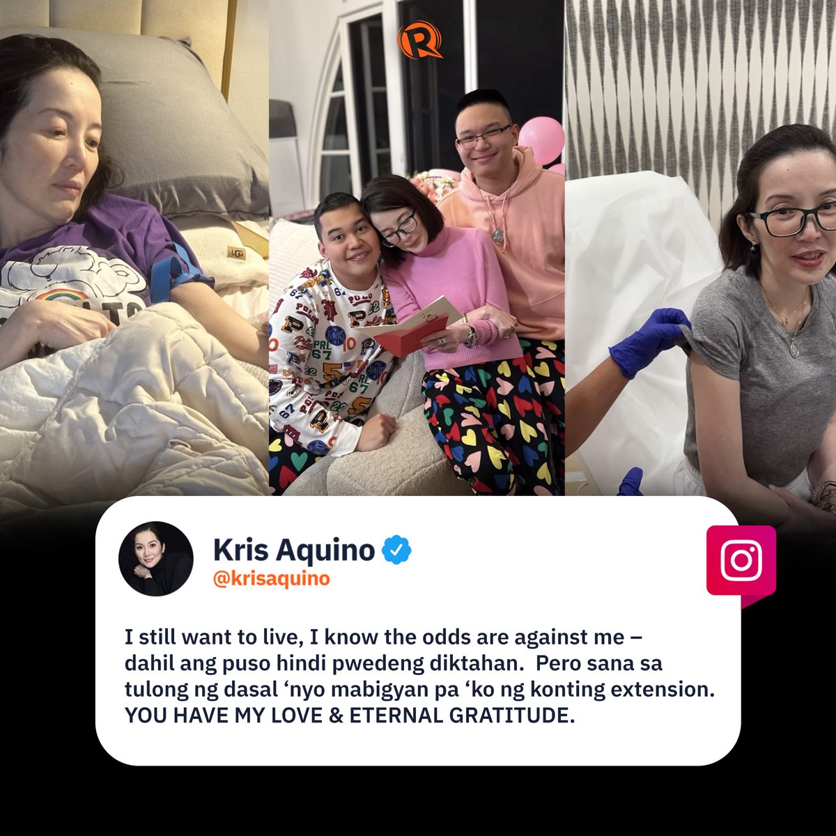 rapplerdotcom's tweet photo. After opening up about her health condition in a special episode of “Fast Talk With Boy Abunda,” Kris Aquino appeals to her Instagram followers to keep praying for her and her loved ones who are also struggling with different illnesses.

RELATED STORY: https://t.co/bov1baZKZF https://t.co/M7tkrCBURD