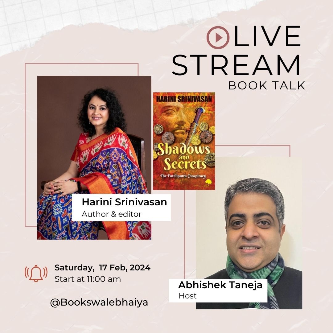 Folks! I will be in a conversation with author @HSriniv12 this Saturday 11 am on my insta handle: bookswalebhaiya!
Do tune in as we discuss Harini’s latest book: ‘Shadows and secrets - The Pataliputra Conspiracy’

#authortalks #booklovers #BookRecommendations