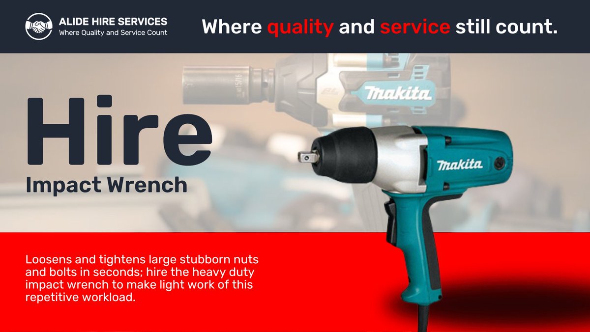 Kickstart your project with powerful tools! Our heavy-duty impact wrench tackles tough nuts & bolts fast. Prices for up to 12 weeks shown. For longer, get in touch for the best rates. More info: alidehire.co.uk/product/impact… #AlideHire #MakitaImpactWrench #ToolHire