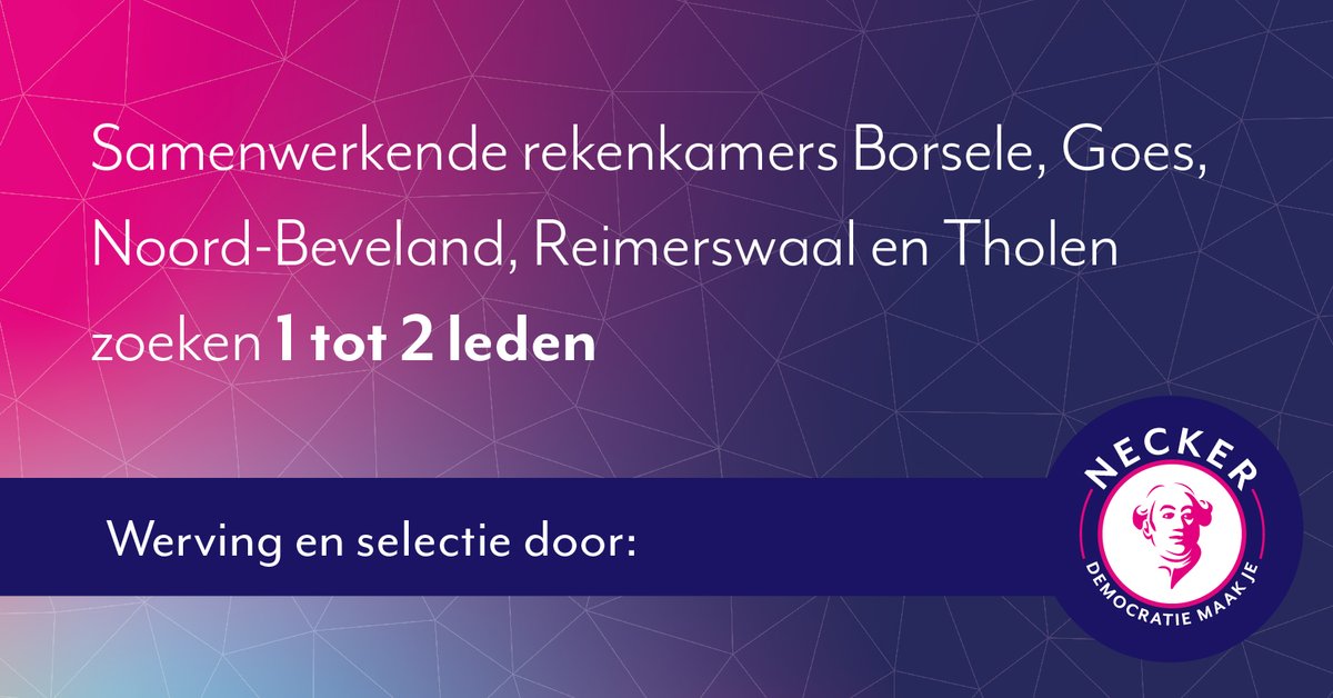 VACATURE | De samenwerkende rekenkamers Borsele, Goes, Noord-Beveland, Reimerswaal en Tholen zoeken 1 tot 2 leden.
Reageren kan t/m 12 februari. Bekijk de vacature hier: necker.nl/vacature-voorz…