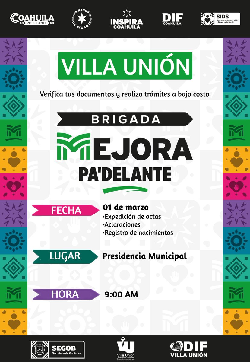RcivilCoahuila's tweet photo. 📷 ¡ Atención !
Brigadas #MejoraCoahuila con trámites del Registro Civil
Verifica tus documentos y acércate.
Aprovecha esta oportunidad que te brinda el Gobierno del Estado y los Gobiernos Municipales de llevar nuestros trámites a bajo costo. https://t.co/JQeGDEIyAz