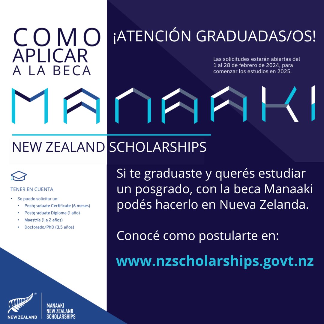 🎓 ¡Atención graduadas/os! 🎓

El gobierno de Nueva Zelanda abrió la convocatoria a las Becas Manaaki para estudiantes de posgrado.

Oferta y requisitos para la postulación en:
nzscholarships.govt.nz

👥¿Querés asesorarte? Acercate  a <a href="/RelIntUNAJ/">Internacionales UNAJ</a>: 
📧 internacionales@unaj.edu.ar