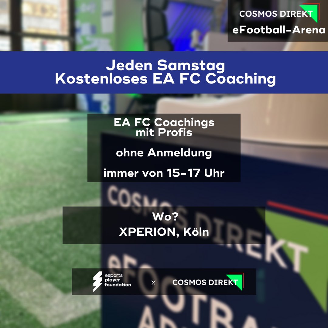 📢 Wir sind zurück mit kostenlosen #EAFC Coachings in der <a href="/CosmosDirekt/">CosmosDirekt</a> eFootball Arena im <a href="/xperion_germany/">XPERION</a> Köln 🥳

🚨 Diesen Samstag von 15-17 mit <a href="/SeriousFUTJoker/">FUTJoker</a> 🚀