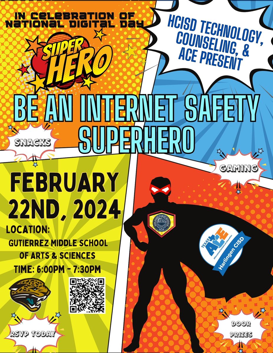 Join us for a fun family night! Learn aboutinternet safety, your digital footprint, and online gaming safety. 💻👣🎮 Join us Thursday, February 22nd, 6:00pm-7:30pm at Gutierrez Middle School of Arts & Sciences. 📆 Registration is now open for ACE families, scan the QR Code! 🙂
