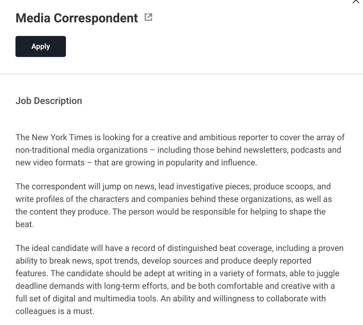 El @nytimes quiere incorporar a un reportero para cubrir de manera específica los medios de comunicación no tradicionales, como newsletters, podcasts o nuevos formatos de vídeo, 'que están creciendo en popularidad e influencia' Oferta: Media Correspondent nytimes.wd5.myworkdayjobs.com/en-US/NYT/deta…