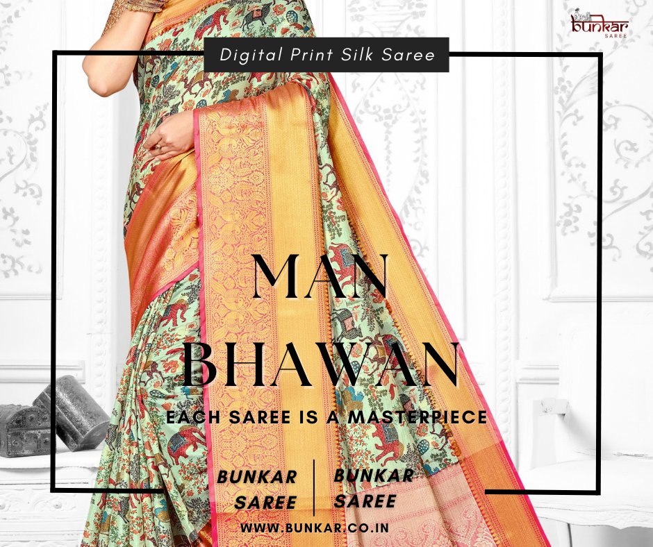 At Man Bhawan, we pay homage to this legacy by infusing ancient motifs and patterns into our digitally printed silk sarees, creating a harmonious blend of past and present.  
 #DigitalPrintSilkSaree #AncientTradition #ModernInnovation #HeritageFashion #bunkarsaree