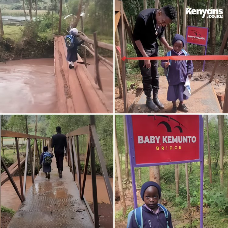 'Eric Omondi unveils brand new bridge in Kisii, dubs it 'Baby Kemunto bridge' in honor of the young student who sparked its creation #InspiringYouth #InfrastructureDevelopment'