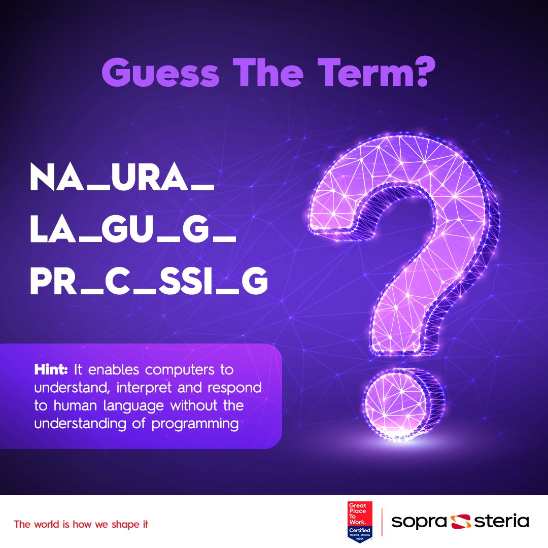 I am a tool that understands your speech. I can help you write, translate, and teach. I analyze words, phrases, and syntax, and make sense of language with ease and no hacks.
Can you guess what I am?

#PassionForTechnology #Quiz #Growth #SopraSteriaIndia #Technology…