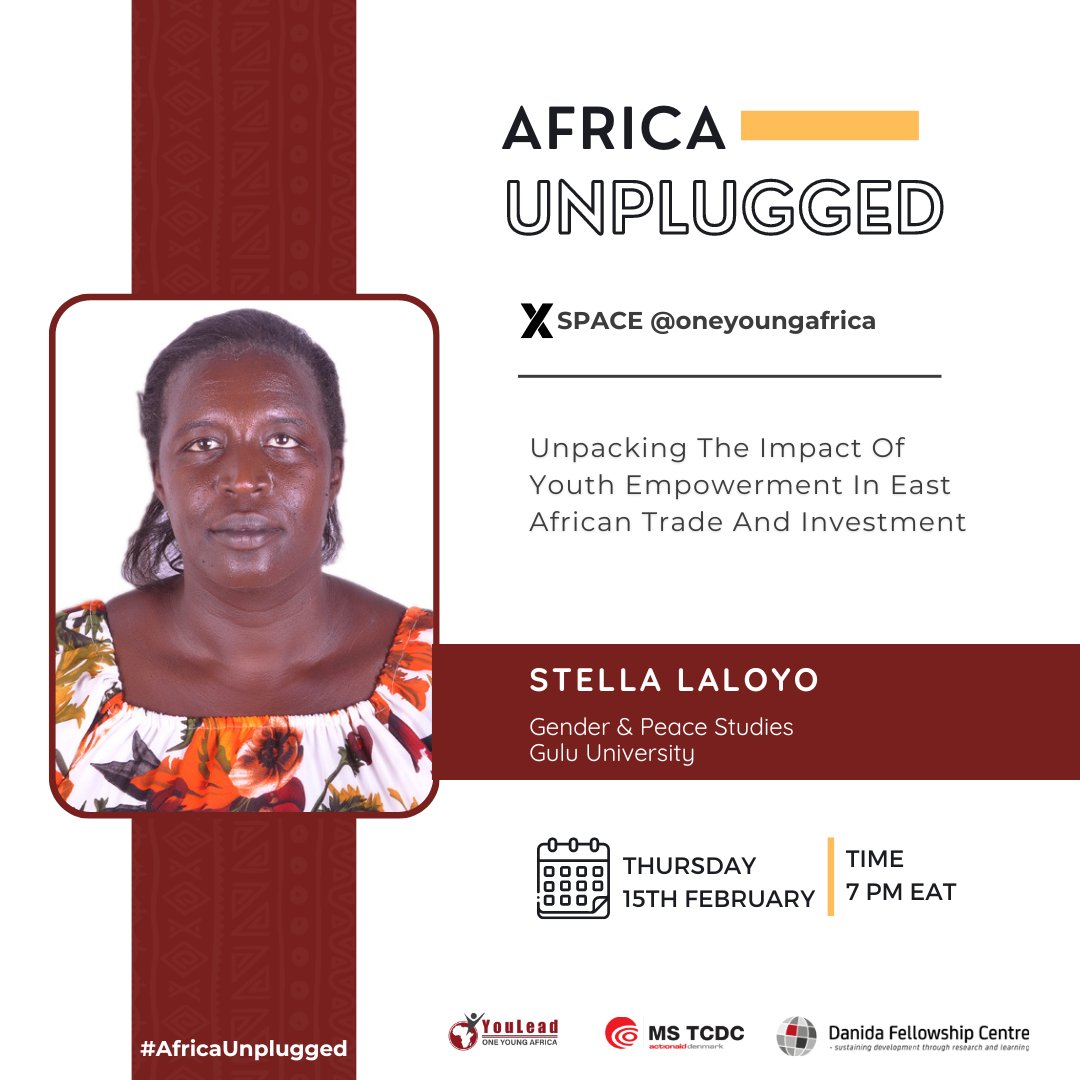 OneYoungAfrica's tweet photo. 1/2 📢THIS EVENING on #AfricaUnplugged, we're joined by Ms Stella Laloyo, the Acting director for the Institute of Peace and Strategic Studies and a lecturer of Gender Studies.
⏰ 7pm EAT
✅ Tag a #WomanInResearch
✅ Share with a friend https://t.co/1Fxn7BupQy
