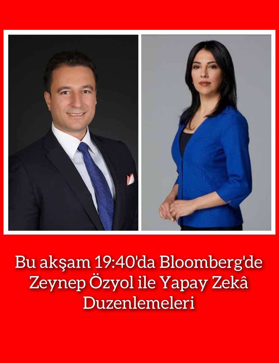 Yapay Zekâ niye düzenlenmeli, nasıl düzenleniyor, nasıl düzenlenmeli? Canlı yayında, bu akşam 19:40'da @bloomberghttv 'de Sn. Zeynep Özyol ile ele alacağız. #artificialintelligence #machinelearning #ai #deeplearning #generativeart #generativeai #YapayZeka