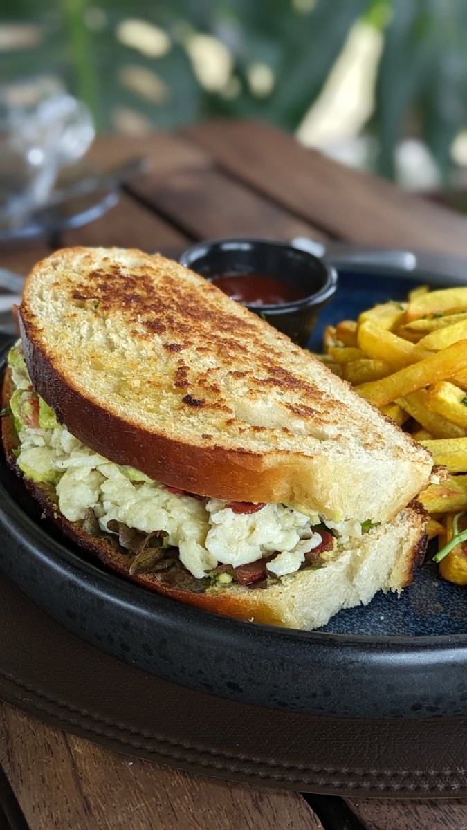 Brunch bliss: Dive into this bacon and eggs sandwich paired perfectly with golden fries. 🍳🥓🍟 #BrunchGoals #Foodie"