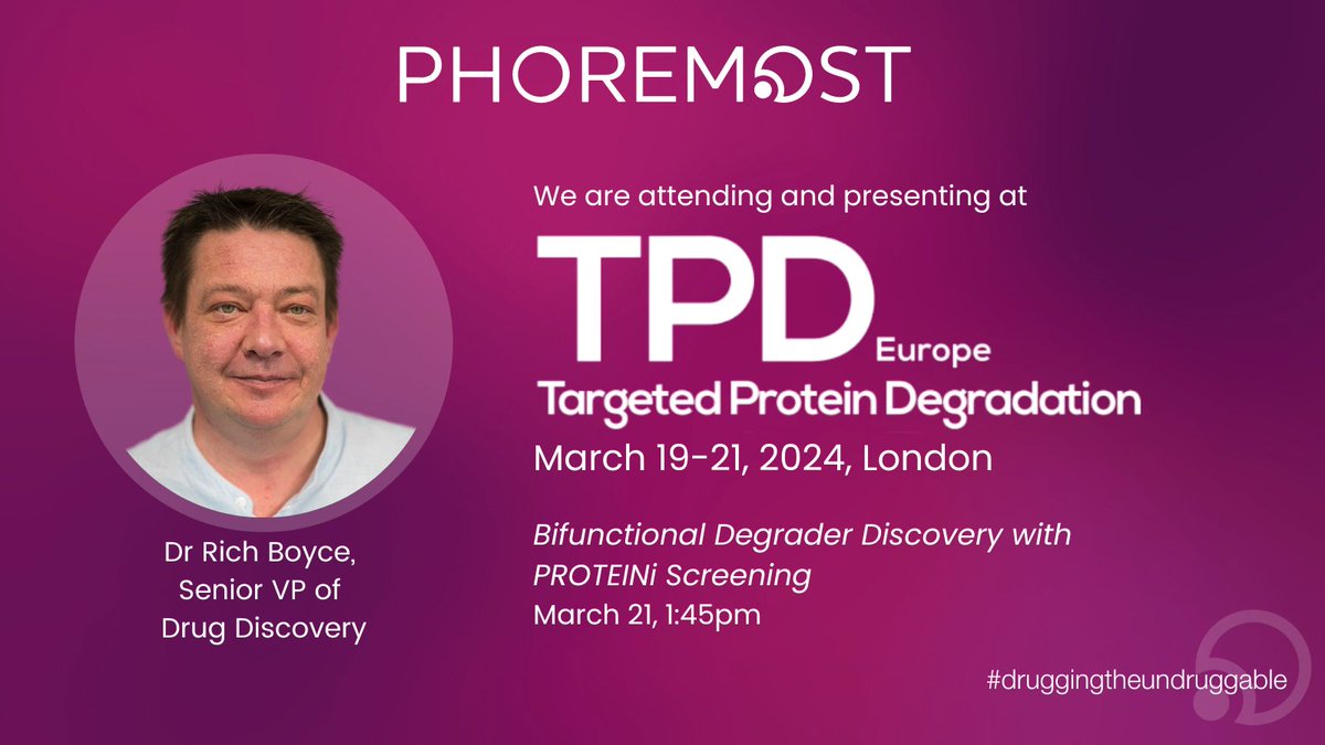 Interested in finding out more about the discovery of bifunctional #degraders? Join Dr Rich Boyce at TPD Summit Europe to learn how we are using our PROTEINi technology to accelerate small molecule #drugdesign and development. Check out the full agenda: rb.gy/evo3yv