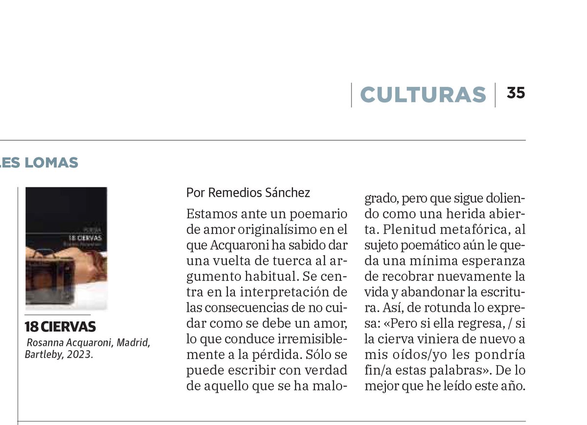 'De lo mejor que he leído este año' @RemediosSanchez @ideal_granada sobre #18ciervas #RosanaAcquaroni #poesia #BartlebyEditores #megustaleer #LibrosRecomendados @azetalibrosypap @udllibros