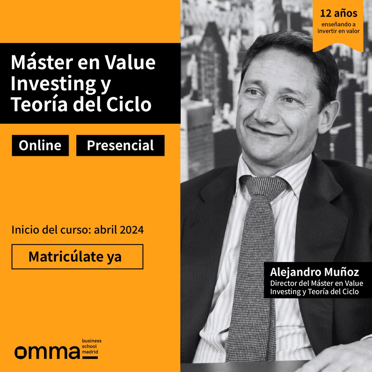 Alejandro Muñoz, director del Máster, obtuvo en 2023 un 24% de rentabilidad anual con su fondo value.

¿Tú también quieres conseguirlo? Aprende todas las claves para invertir con éxito.

¡Reserva tu plaza ahora!

Inicio: abril 2024

omma.edu.es/master-value/