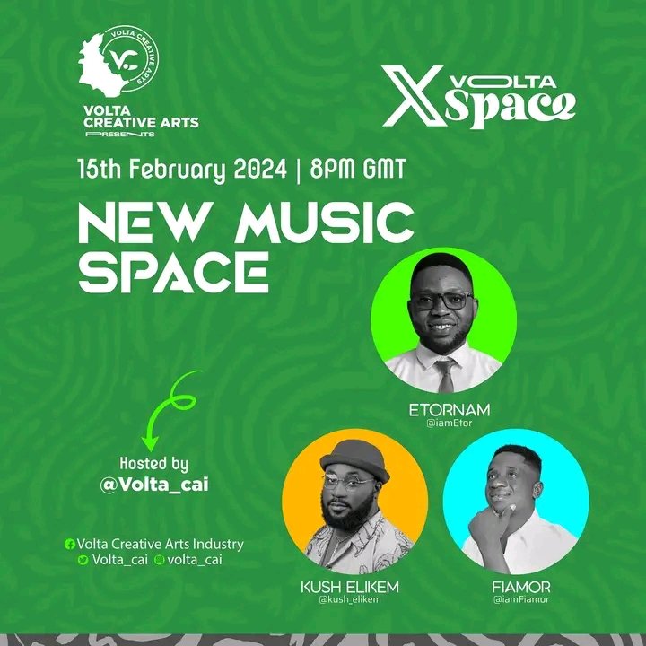 Join <a href="/Volta_CAI/">Volta Creative Arts</a> #NewMusicSpace tonight at 8 pm shape. We are talking to <a href="/kushelikem/">kushelikem</a> and <a href="/iamFiamor/">Fiamor</a> Host <a href="/EtornamOms/">Samuel Etornam Kwasi Lavoe</a>

x.com/volta_cai/stat…