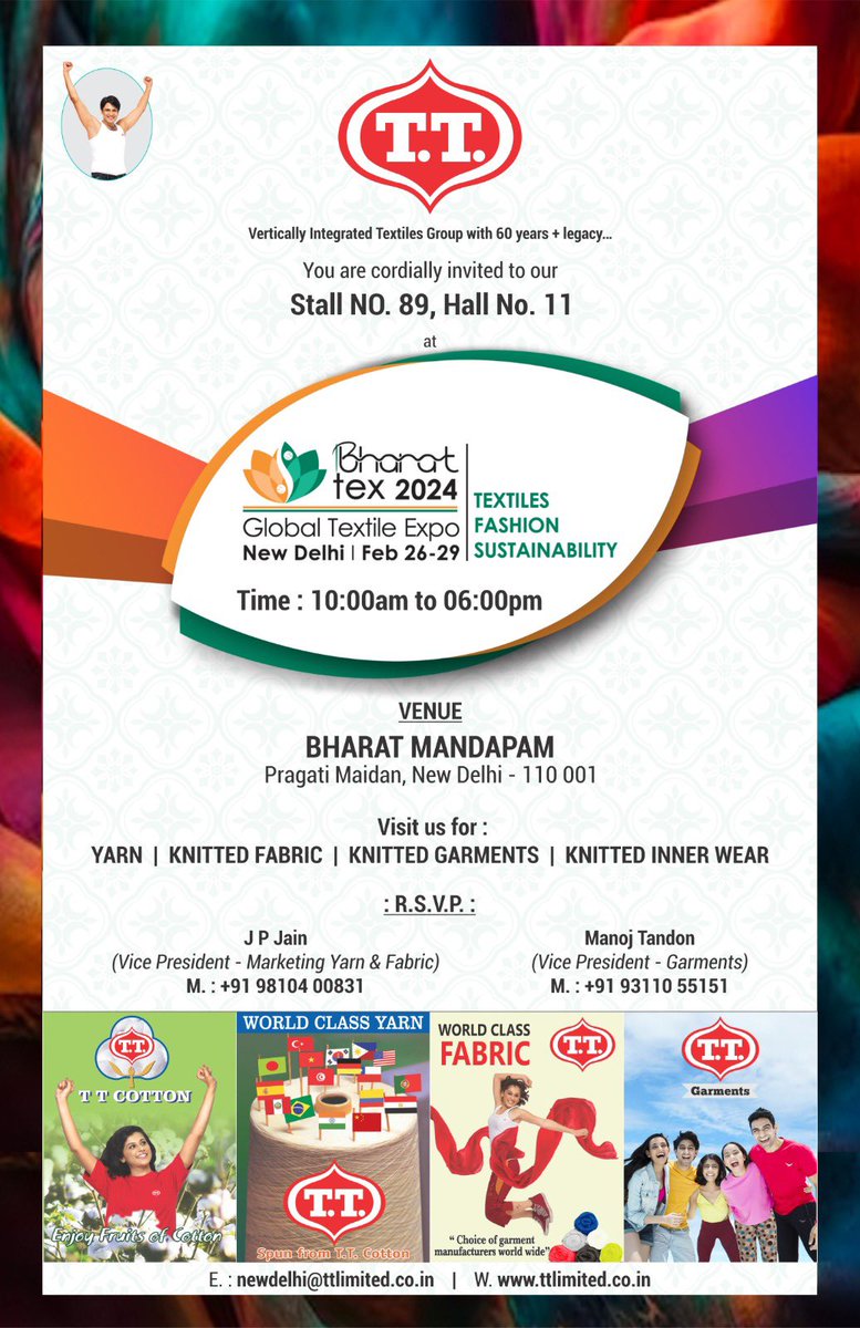 Largest ever Textile Exhibition &amp; Conference in India is being held from February 26th to 29th 2024 in Delhi - TT Group is making an expansive display of its products covering fibre, yarn, fabrics &amp; garments 

Do visit us

#bharattex #clothing #textiles