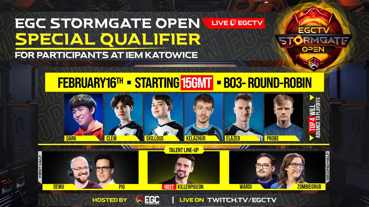 With the final weekend of the EGC <a href="/PlayStormgate/">Stormgate</a> Open approaching, tomorrow we host a special qualifier for players at IEM Katowice! 

6 players will participate in a one group, round robin. It's sure to be an action packed day, so don't miss it - starting at 15 GMT!