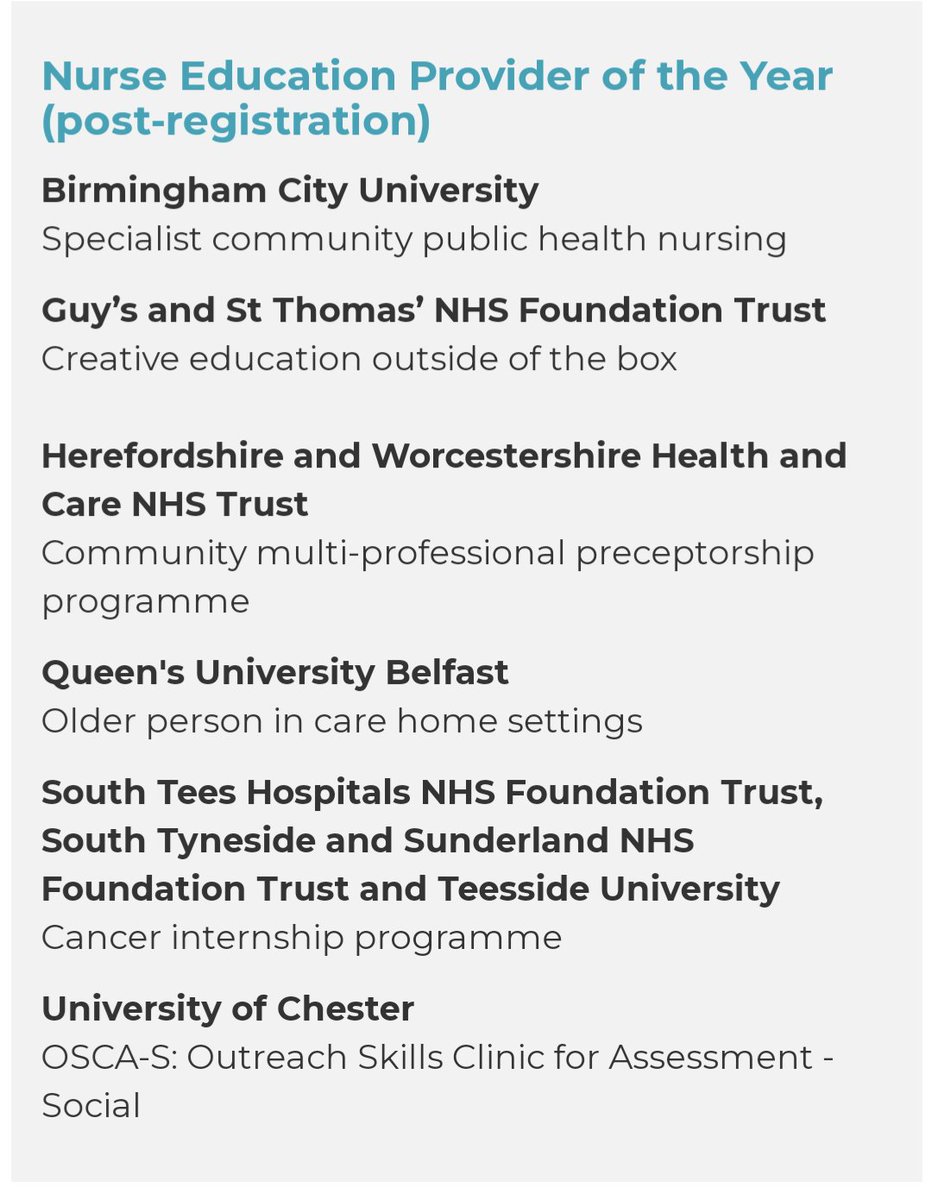 Congratulations 🎉 @SCPHNBCU1 for being shortlisted as @NursingTimes Nurse Education Provider of the Year (post-registration)!  Raising the bar in quality education, support & guidance - nurturing the growth & development of future #SchoolNurses & #HealthVisitors 👏👏👏 #SNTA