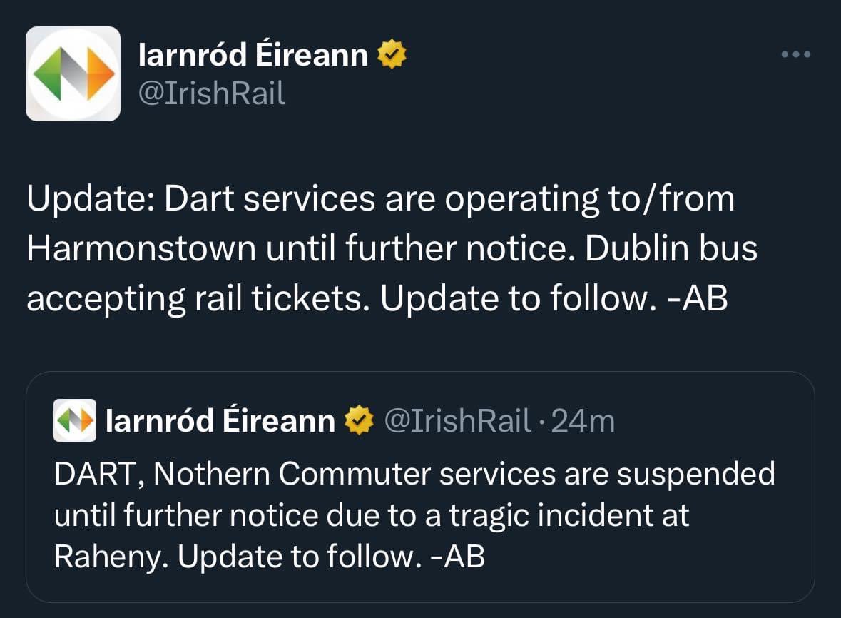 Following a tragic incident at Raheny Dart Station, Irish Rail service is temporarily suspended. Dublin Bus is accepting rail tickets, and limited rail service is available from Harmonstown to the City Centre. My heartfelt thoughts and prayers with everyone affected 🙏 #Raheny