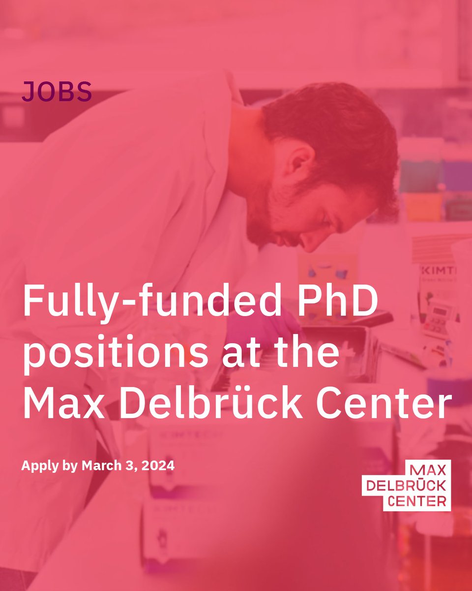 Little over 2⃣ weeks left to submit your application for a fully-funded #PhDposition at #mdcBerlin! Join us for one of these topics: #genes, #cells &amp; cell‑based medicine || molecular processes and therapies || integrative #biomedicine.

More: mdc-berlin.de/de/application #mdcJobs #PhD