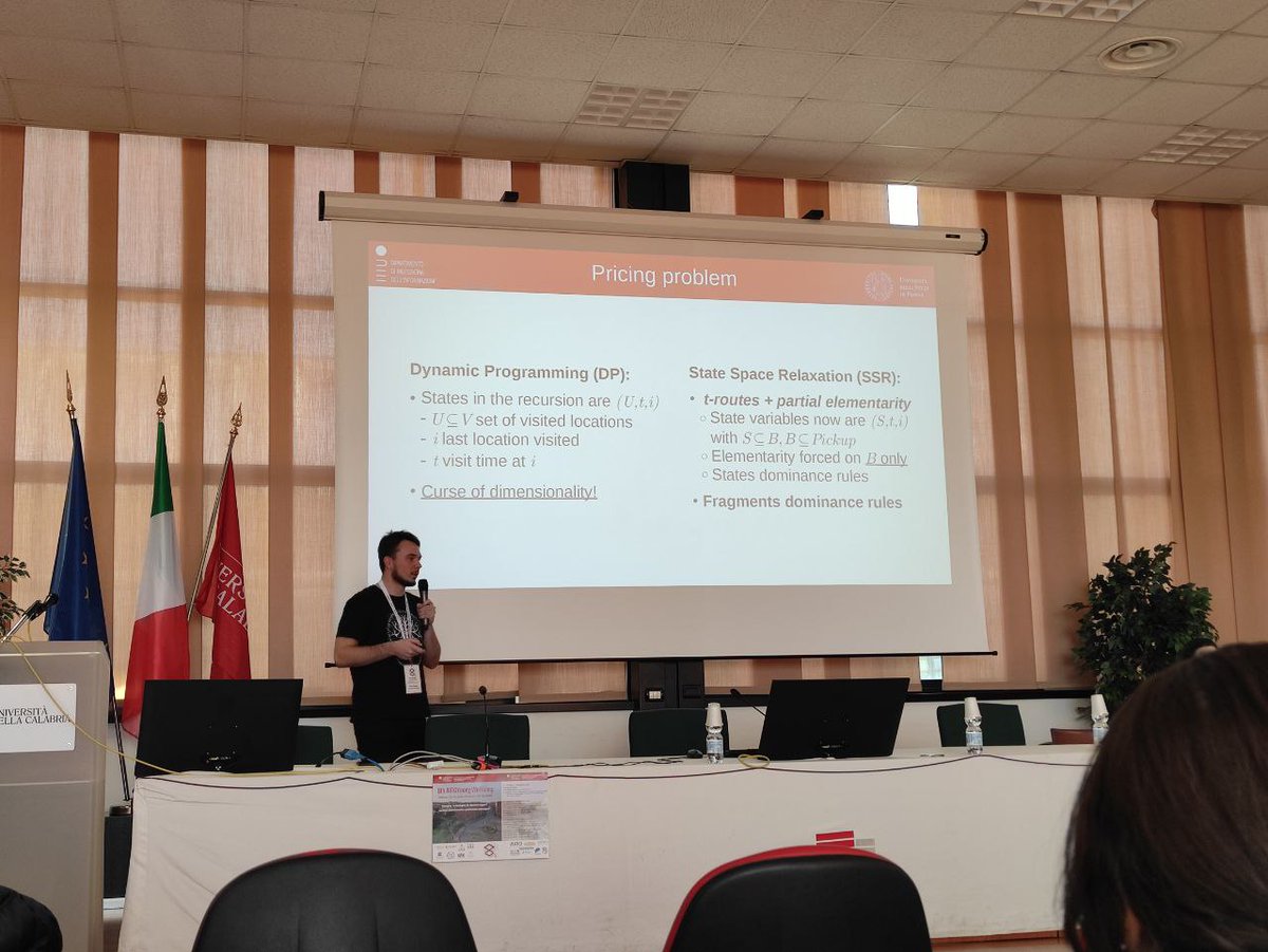 #8AYW #Day2 #Logistics
<a href="/DPalasgo/">Dario Palasgo</a> talks about #ColumnGeneration algorithms using fragments to compute tight dual bounds to the Pickup and Delivery Problem with Time Windows and Last-in-First-out Loading #orms