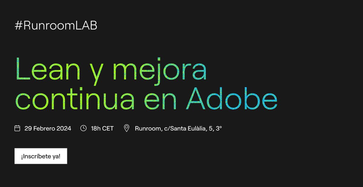 💡💬 ¿Cómo alcanzar tus objetivos empresariales? En el próximo #RunroomLAB, examinaremos la estrategia de Adobe para la mejora continua, destacando la perspectiva única de Jaume Jornet, Lean Coach en Adobe, Inc. 🌟