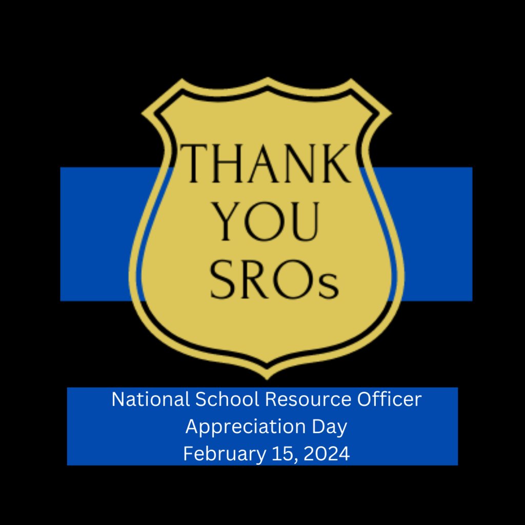February 15th is the National School Resource Officer Appreciation Day. We are so very grateful for Officers Brett Hanlon, Mike Lyons, Shawn Luse for helping to keep our students, staff, and campuses safe!