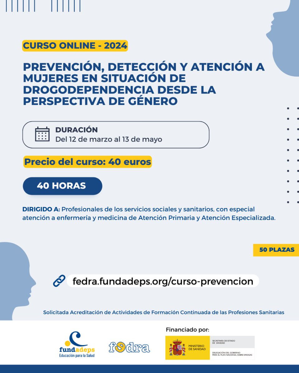 FUNDADEPS's tweet photo. Abierto el plazo para matricularte en el #curso "Prevención, detección y atención a mujeres en situación de #drogodependencia desde la #perspectivadegénero" impartido por @FUNDADEPS dentro del #programaFEDRA.

Financia @PNSDgob

No te quedes sin plaza ⬇️ 
https://t.co/KPYGJTk2q4 https://t.co/f0MxRXixl8