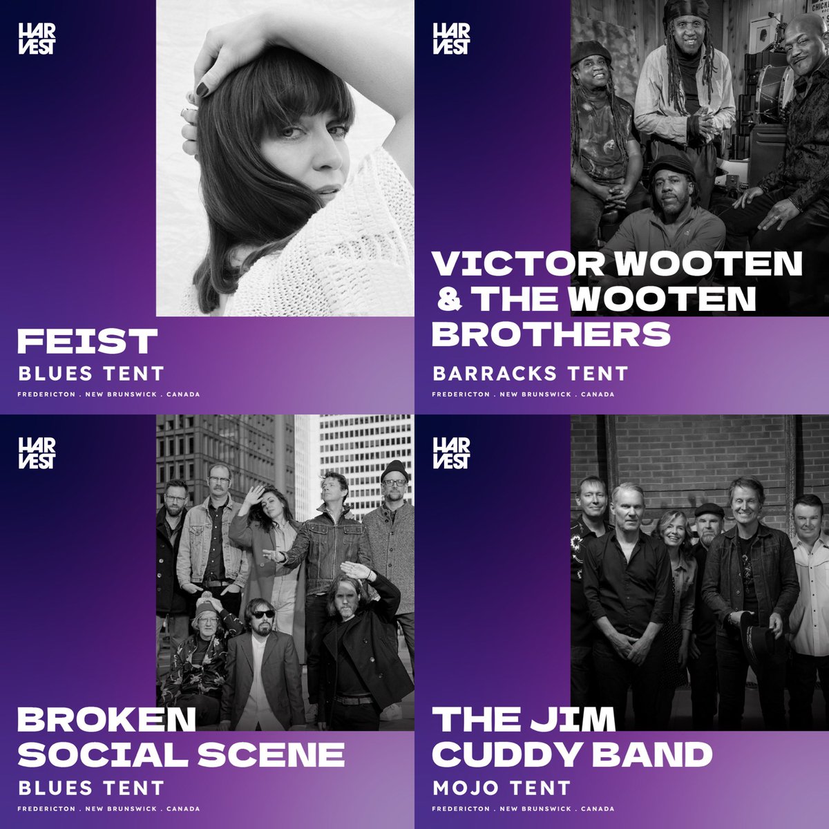 Harvest_Canada's tweet photo. Harvest Music Festival '24 initial artists revealed! See Feist, Broken Social Scene at the Blues Tent &amp; Grammy-winner Victor Wooten &amp; The Wooten Brothers at the Barracks. The Jim Cuddy Band will light up the Mojo Tent. Early Bird Ultimate &amp; Big Fun Passes drop today at 11am AST! https://t.co/pd77lVvT0W