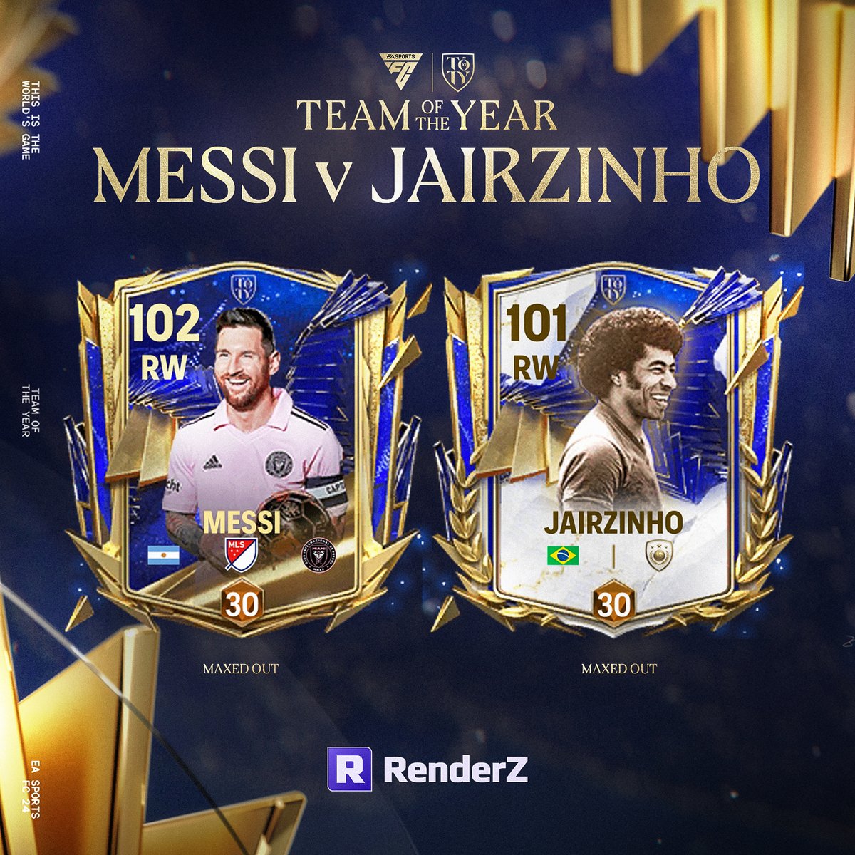 ⚽️ With mesmerising skills to dazzle your opponents, UTOTY Lionel Messi and TOTY Icon Jairzinho are here in #FCMobile's #TOTY!

⚡️ Tear up the pitch with the best RWs in the game, are you Team 🇦🇷 or Team 🇧🇷?