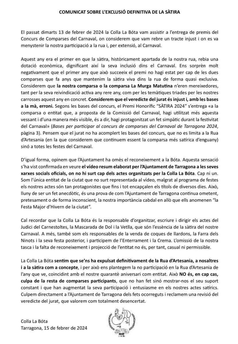 Collalabota's tweet photo. [Comunicat Urgent] https://t.co/HWDwJDynxg